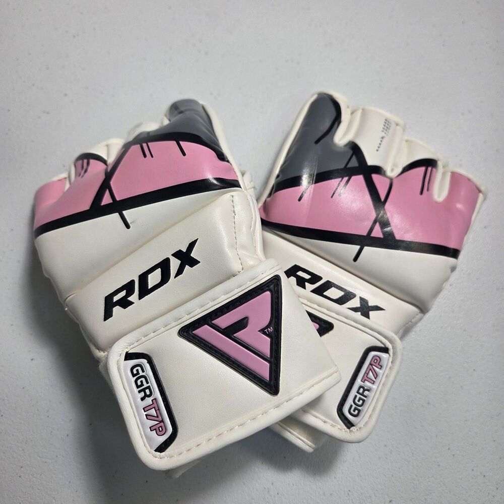 RDX MMA Gloves Sparring Grappling GGR-T7P White Pink Hook & Loop Training Mitts